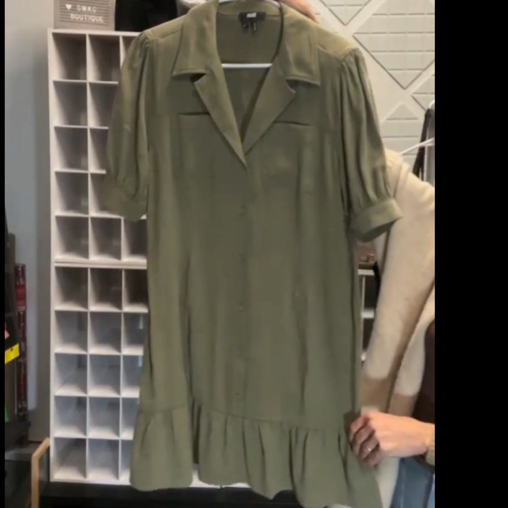 PAIGE Olive Green Ruffle Hem Earthy collared Dress Utility Minimalist Large - Picture 9 of 10